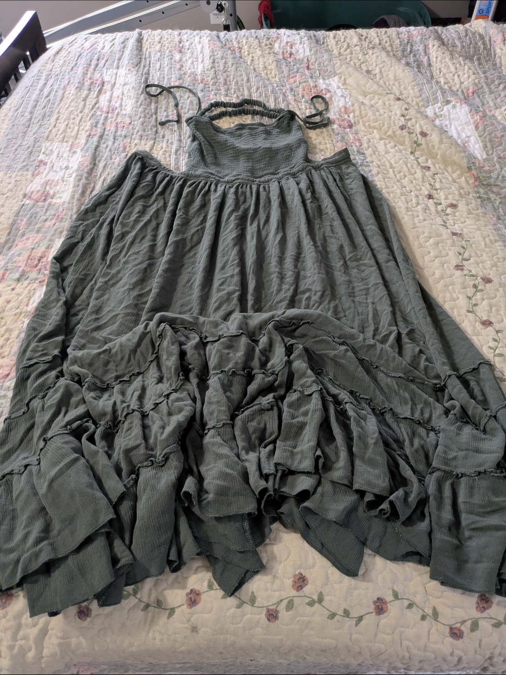 Smocked Halter Maxi Dress in Olive Green - Picture 2 of 3